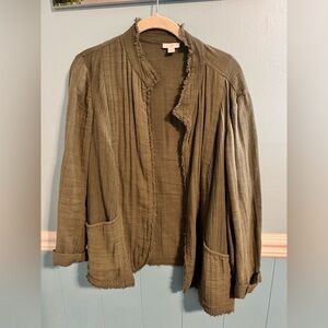 J. Jill Olive Open-Front Frayed-Trim Jacket